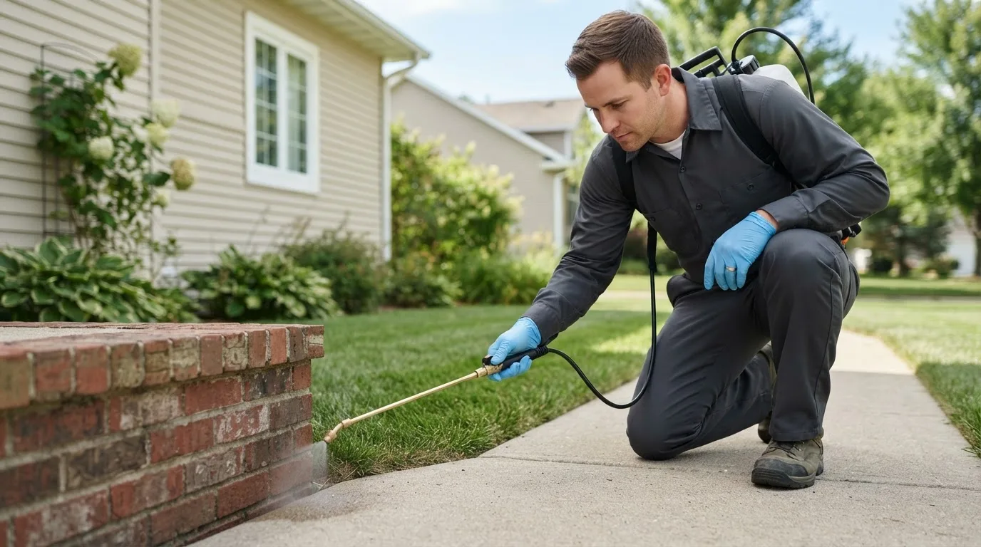Pest control technician treating a home near Lampe, MO