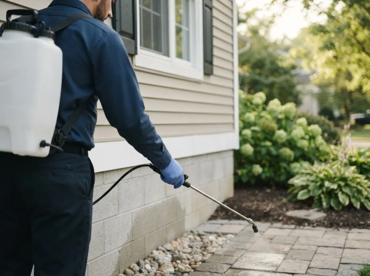 Pest control technician inspecting a home in Lampe, MO